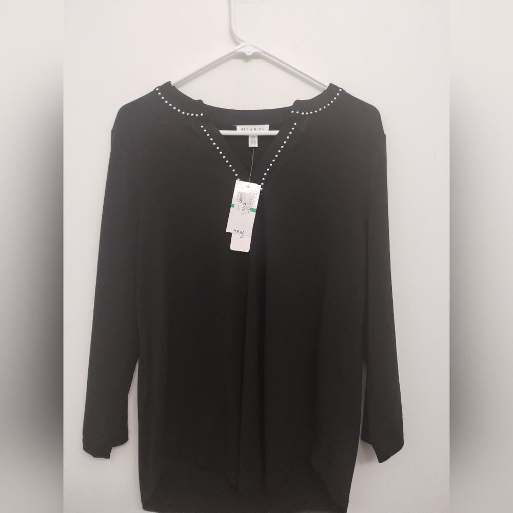 Elegant Black Women's Blouse with Studded Neckline